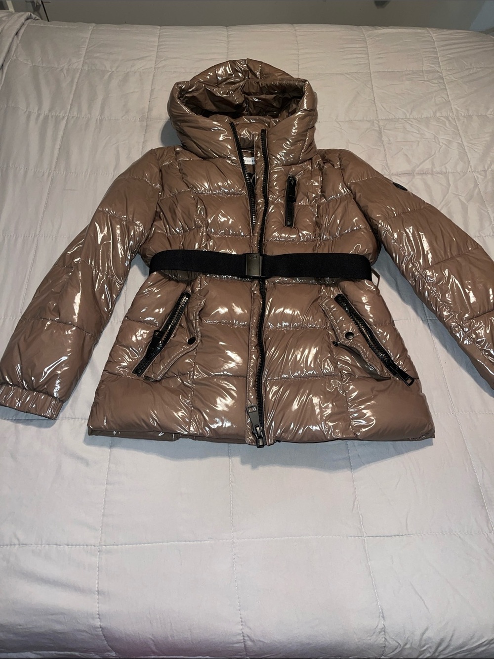 Calvin Klein Glossy Taupe Quilted Belted Puffer Jacket